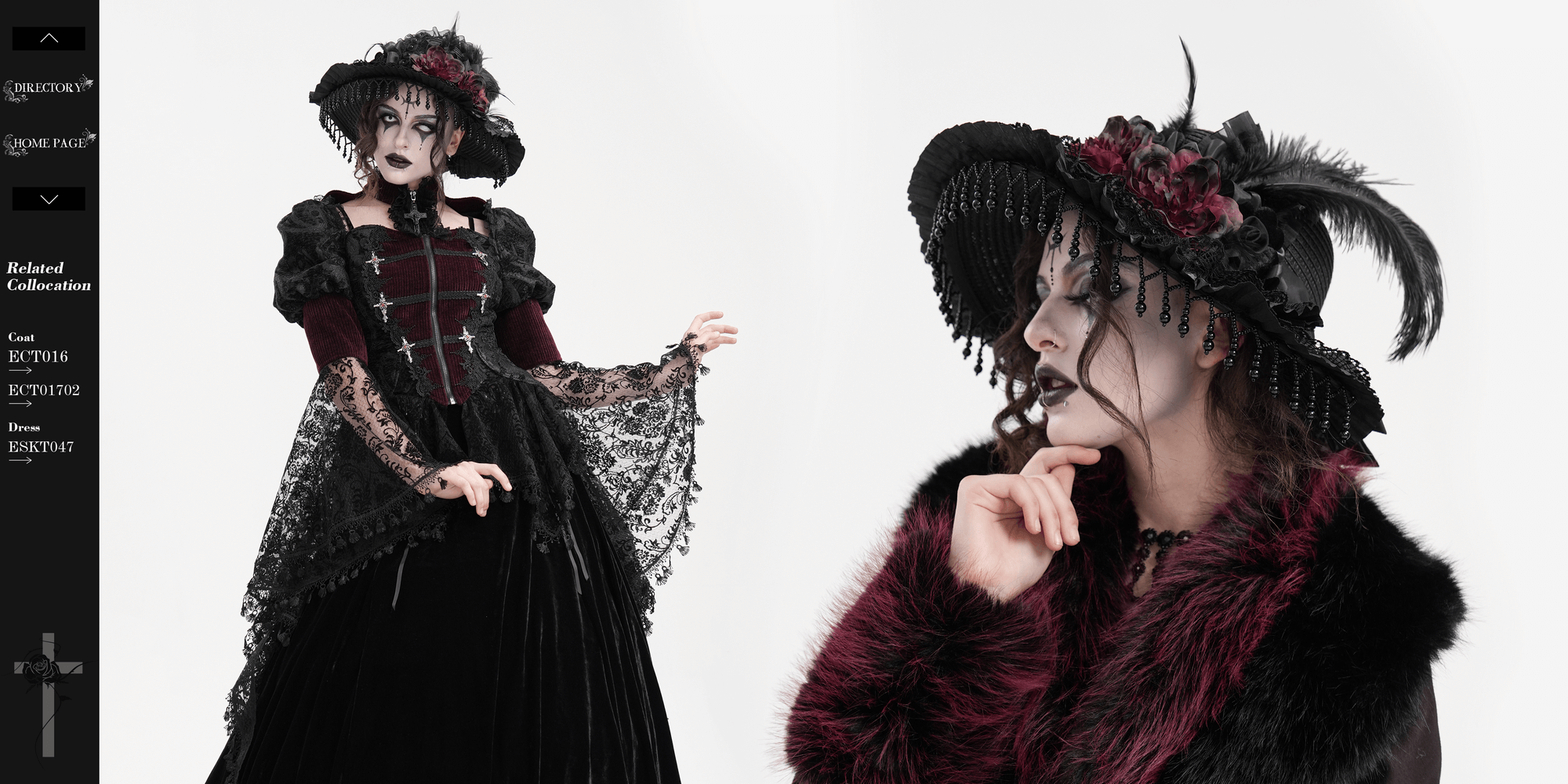 Victorian Gothic feather hat with lace and beads, worn by a model in elegant gothic attire. Perfect for dramatic looks!