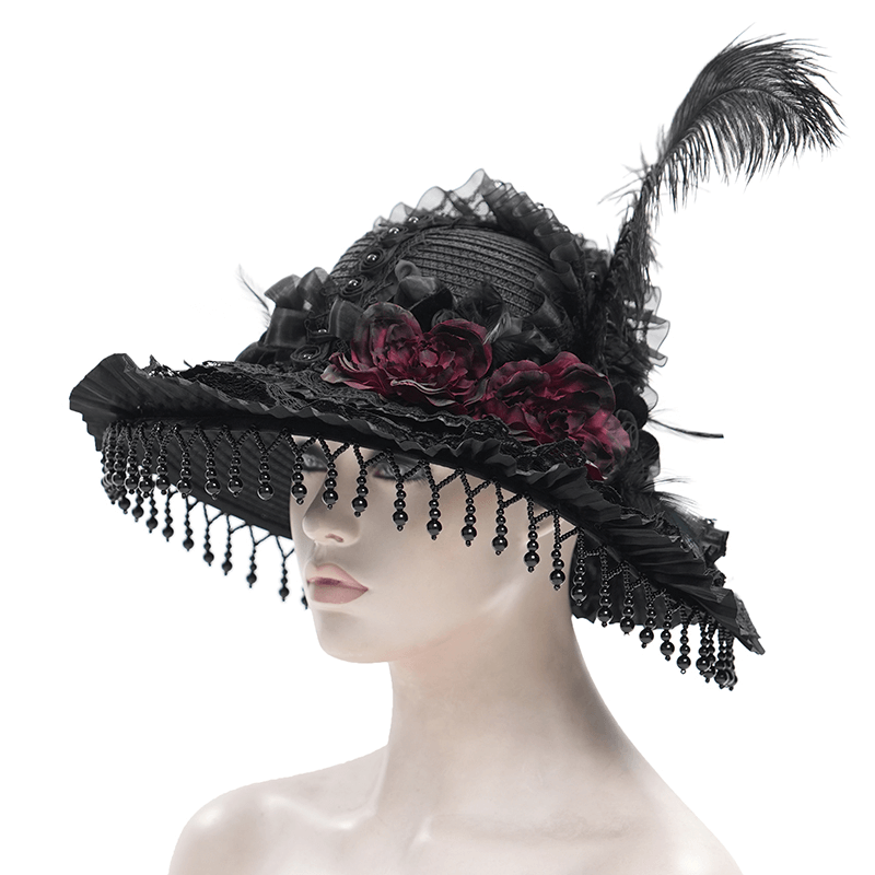 Victorian Gothic feather hat with lace, beaded trim, and elegant accents, perfect for costume parties and gothic fashion.