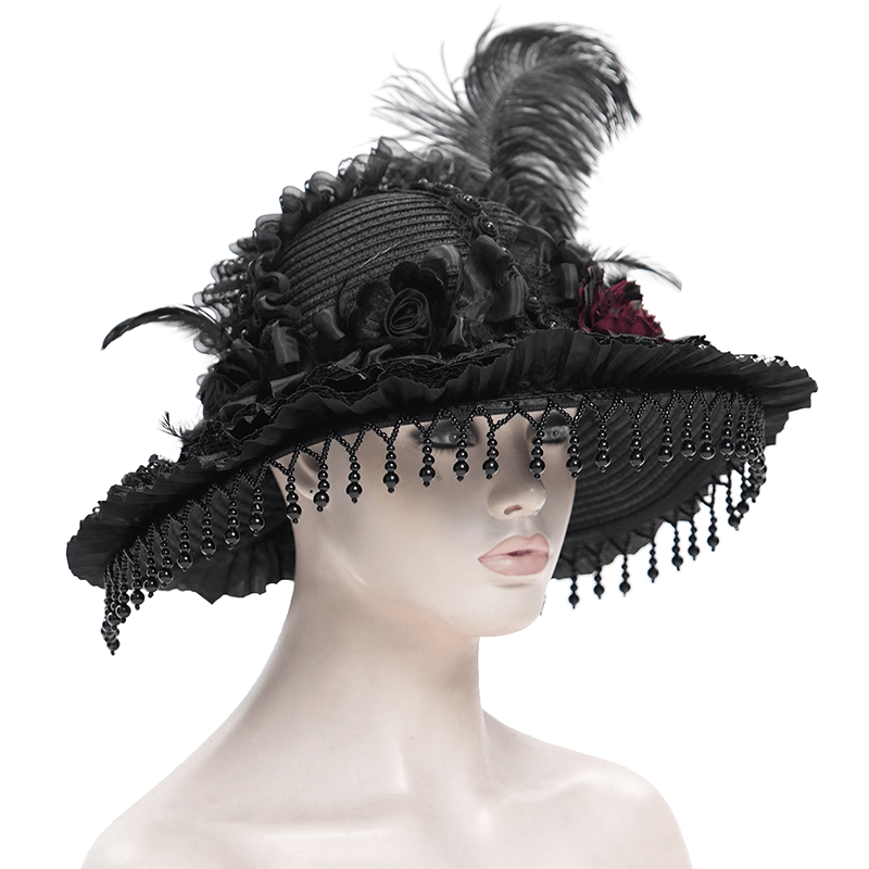 Elegant Victorian Gothic feather hat with lace and beaded trim, perfect for dramatic costume parties.