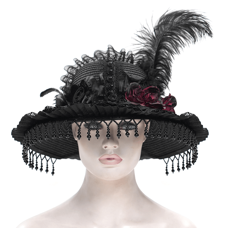 Victorian Gothic feather hat with lace, beaded trim, and dramatic floral accents, perfect for gothic fashion.