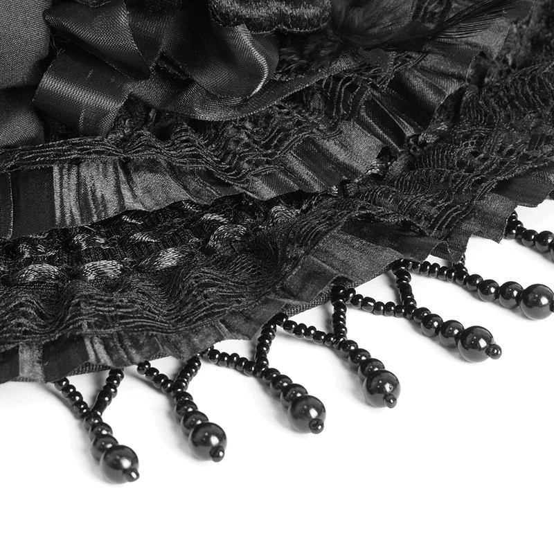 Close-up of intricate black lace and beaded trim on a Victorian Gothic feather hat, showcasing its elegant design.