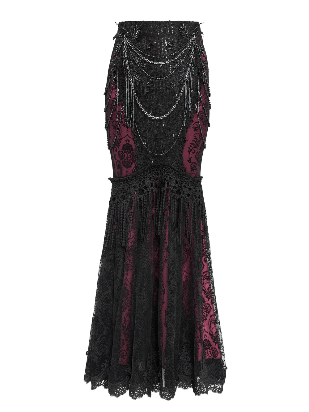Alt Tag: Victorian Gothic Fishtail Skirt with Chains and Sequins black sequin mermaid skirt with draped chains, burgundy panels, lace fishtail hem