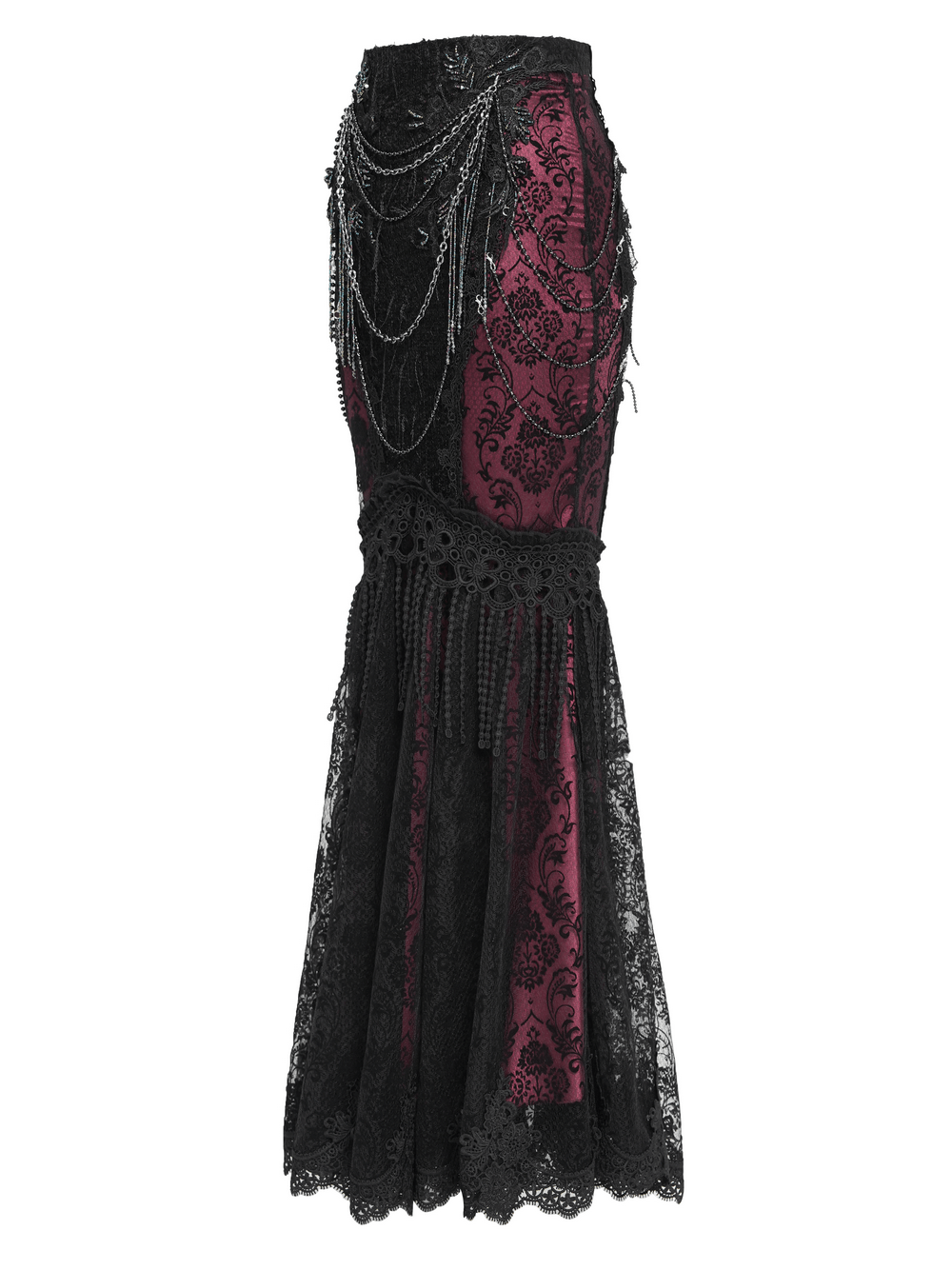 Alt Tag: Victorian Gothic Fishtail Skirt with Chains and Sequins black lace mermaid skirt with burgundy panels, sequins, draped chains