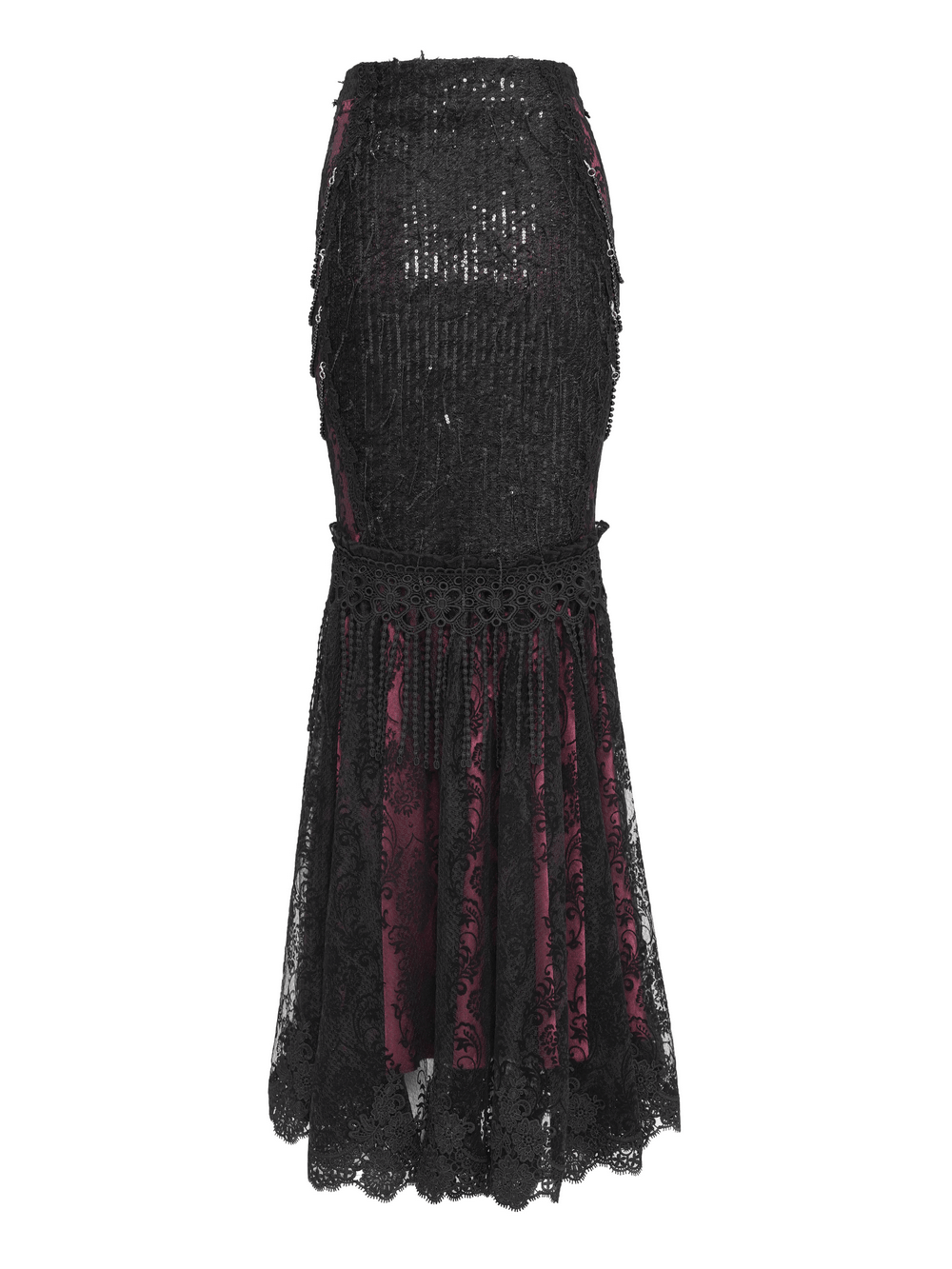 Alt Tag: Victorian Gothic Fishtail Skirt with Chains and Sequins black sequin mermaid skirt with burgundy panels, lace overlay, scalloped hem