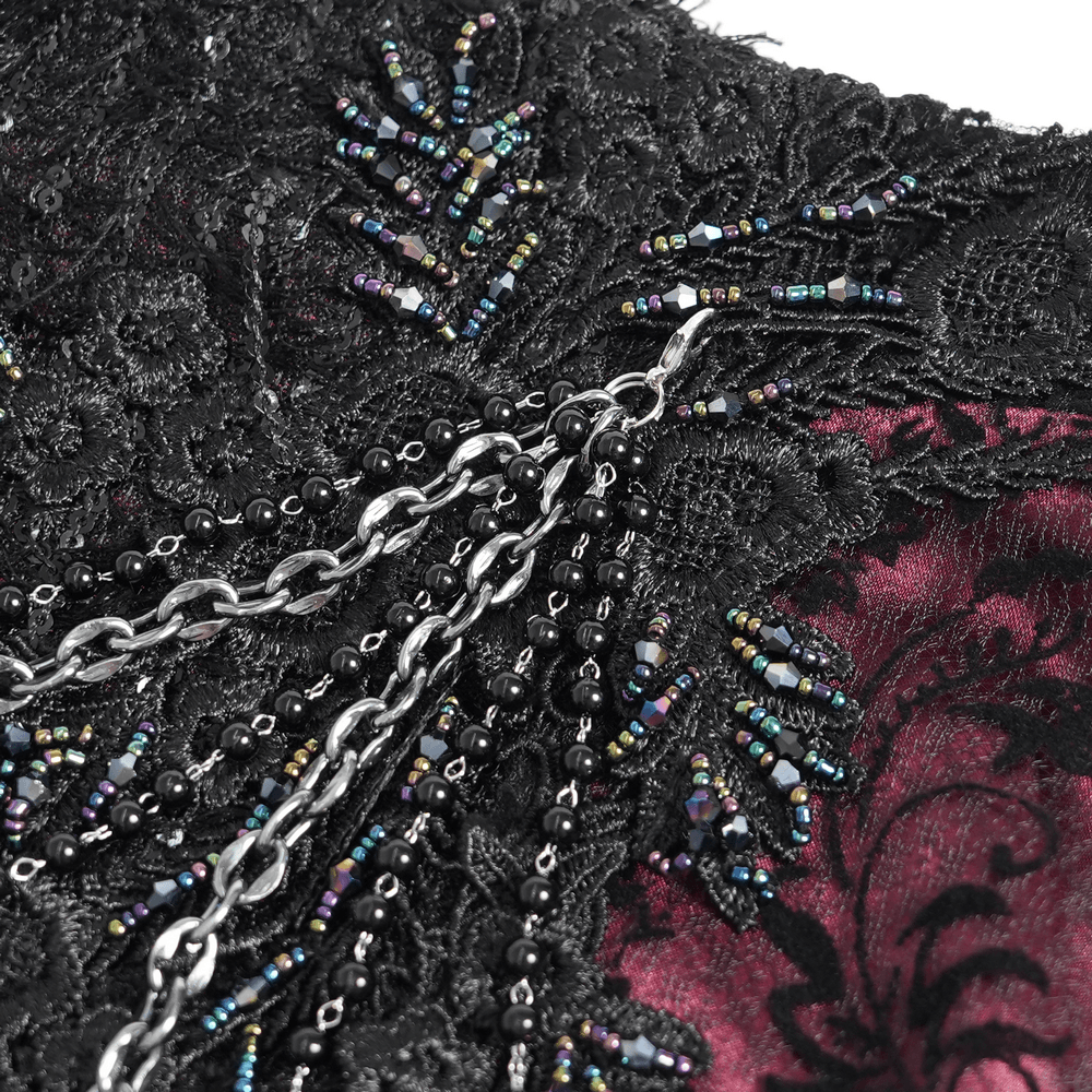 Alt Tag: Victorian Gothic Fishtail Skirt with Chains and Sequins close-up, black lace with iridescent sequins, beaded details, and silver chain drapes