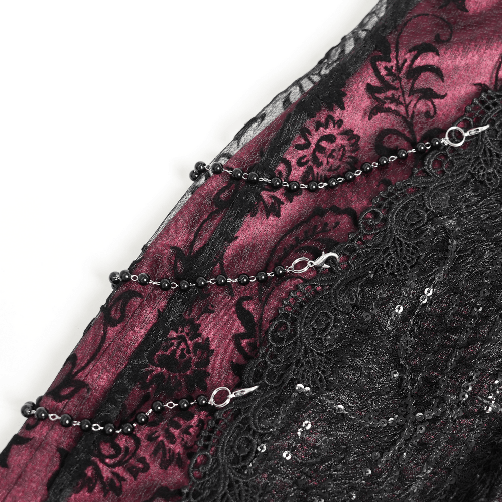 Alt Tag: Victorian Gothic Fishtail Skirt with Chains and Sequins, burgundy flocked lace panel with draped black chains and sequins close-up
