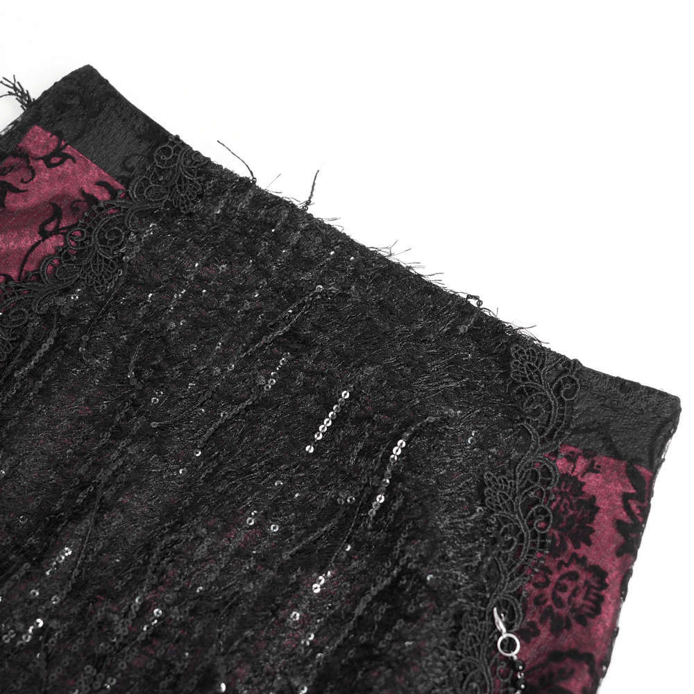 Alt Tag: Victorian Gothic Fishtail Skirt with Chains and Sequins close-up of black sequins, lace trim, and burgundy flocked panel drama