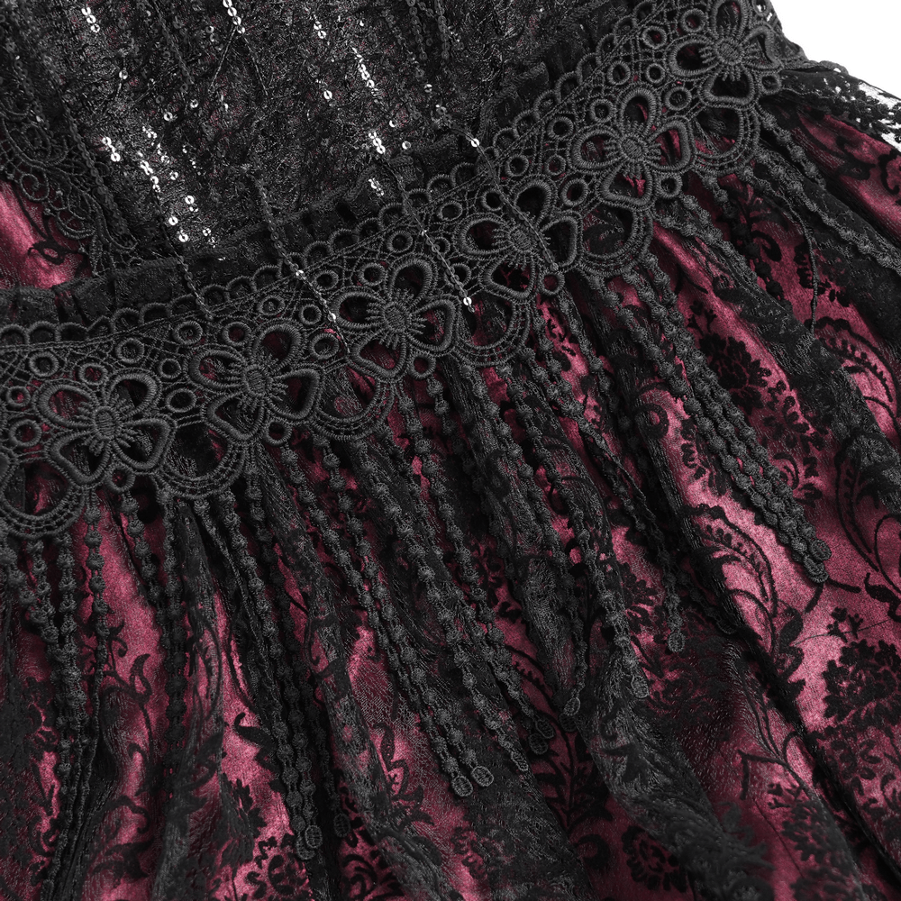 Alt Tag: Victorian Gothic Fishtail Skirt with Chains and Sequins close-up, black lace scalloped trim over burgundy flocked panels and sequins