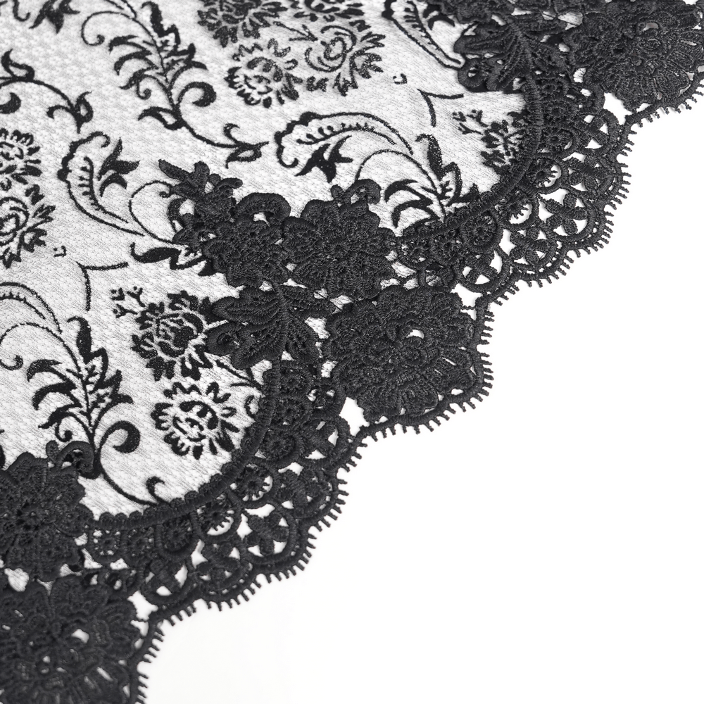 Alt Tag: Victorian Gothic Fishtail Skirt with Chains and Sequins black floral lace scalloped trim detail with dark romantic Victorian vibe