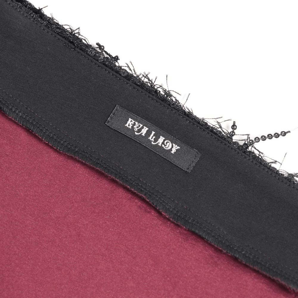 Alt Tag: Victorian Gothic Fishtail Skirt with Chains and Sequins close-up of burgundy panel, black waistband lace trim, and chain detail