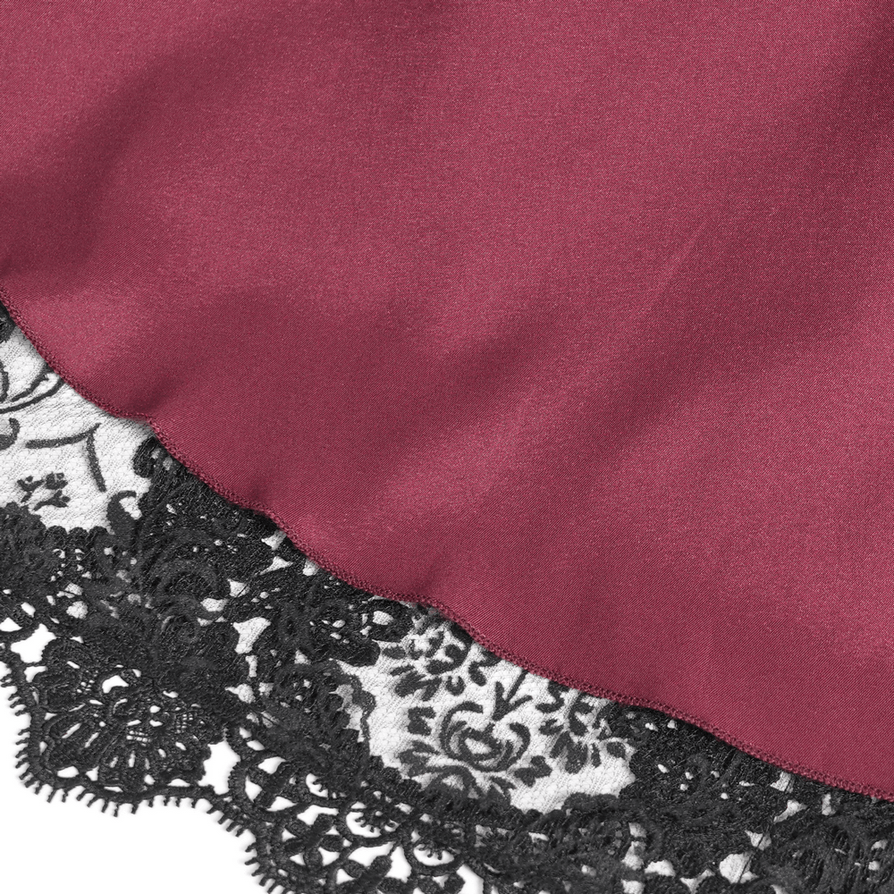 Alt Tag: Victorian Gothic Fishtail Skirt with Chains and Sequins burgundy panel close-up with scalloped black lace trim