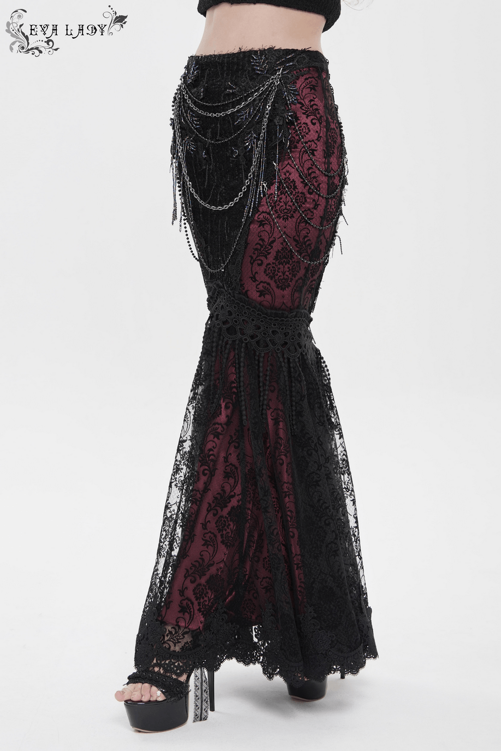 Alt Tag: Victorian Gothic Fishtail Skirt with Chains and Sequins black lace mermaid skirt with draped chains and burgundy flocked panels