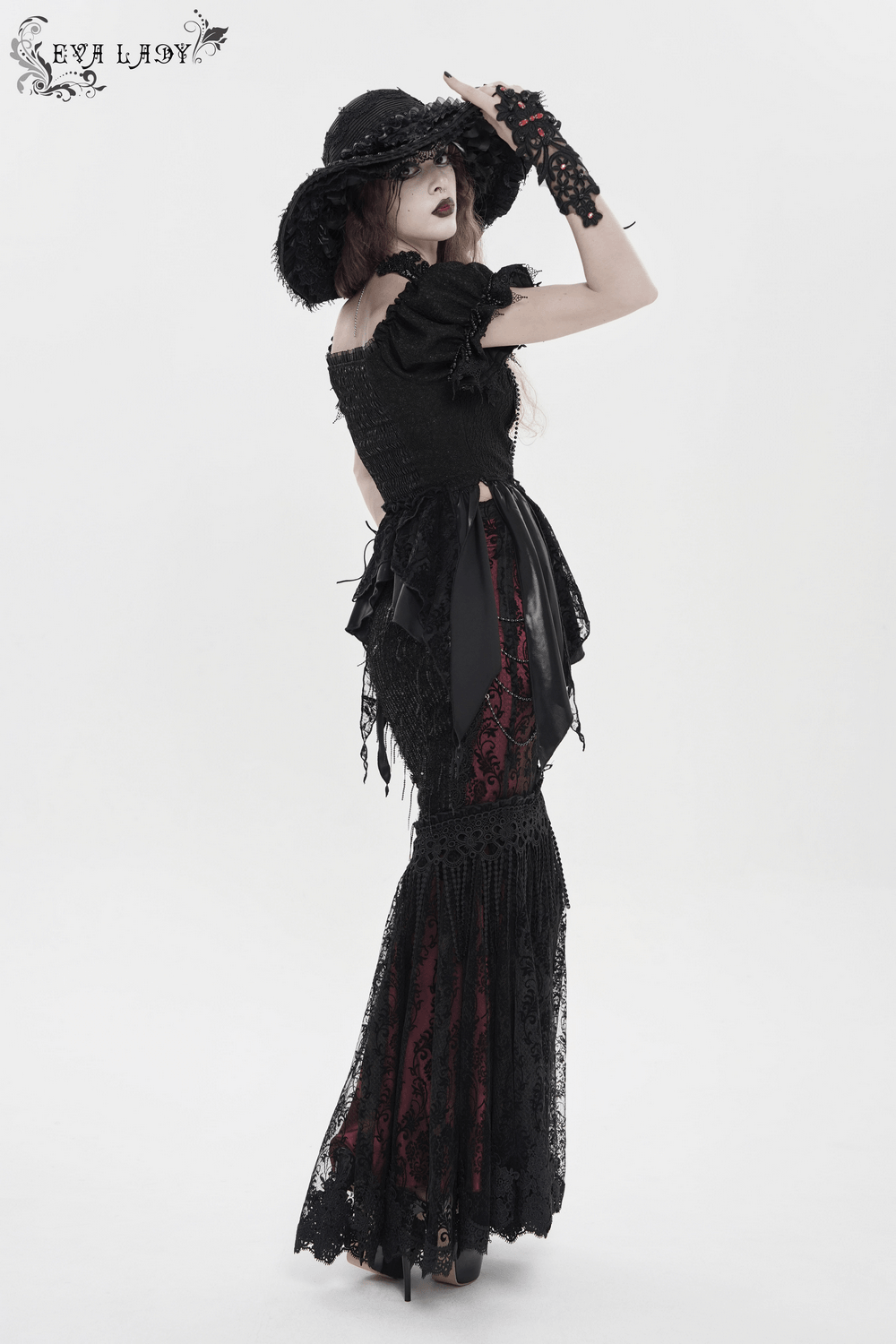 Alt Tag: Victorian Gothic Fishtail Skirt with Chains and Sequins in black lace and burgundy panels, mermaid hem for dark romantic style