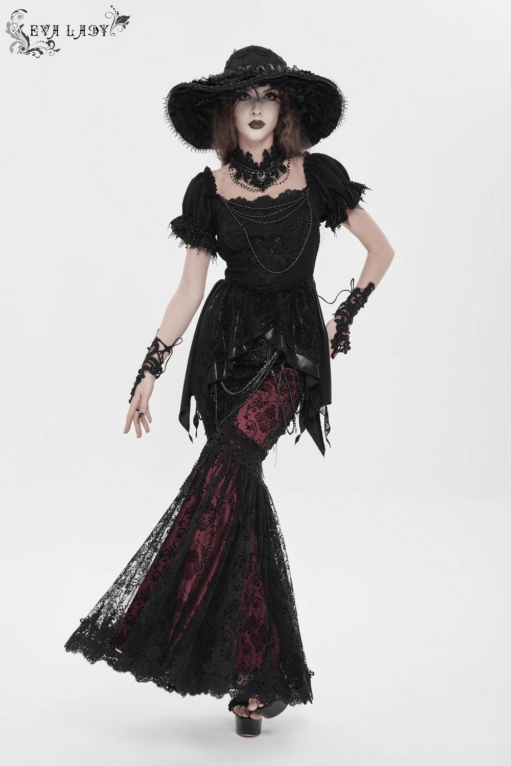 Alt Tag: Victorian Gothic Fishtail Skirt with Chains and Sequins, black lace mermaid hem with burgundy panels, witchy dark romantic evening look