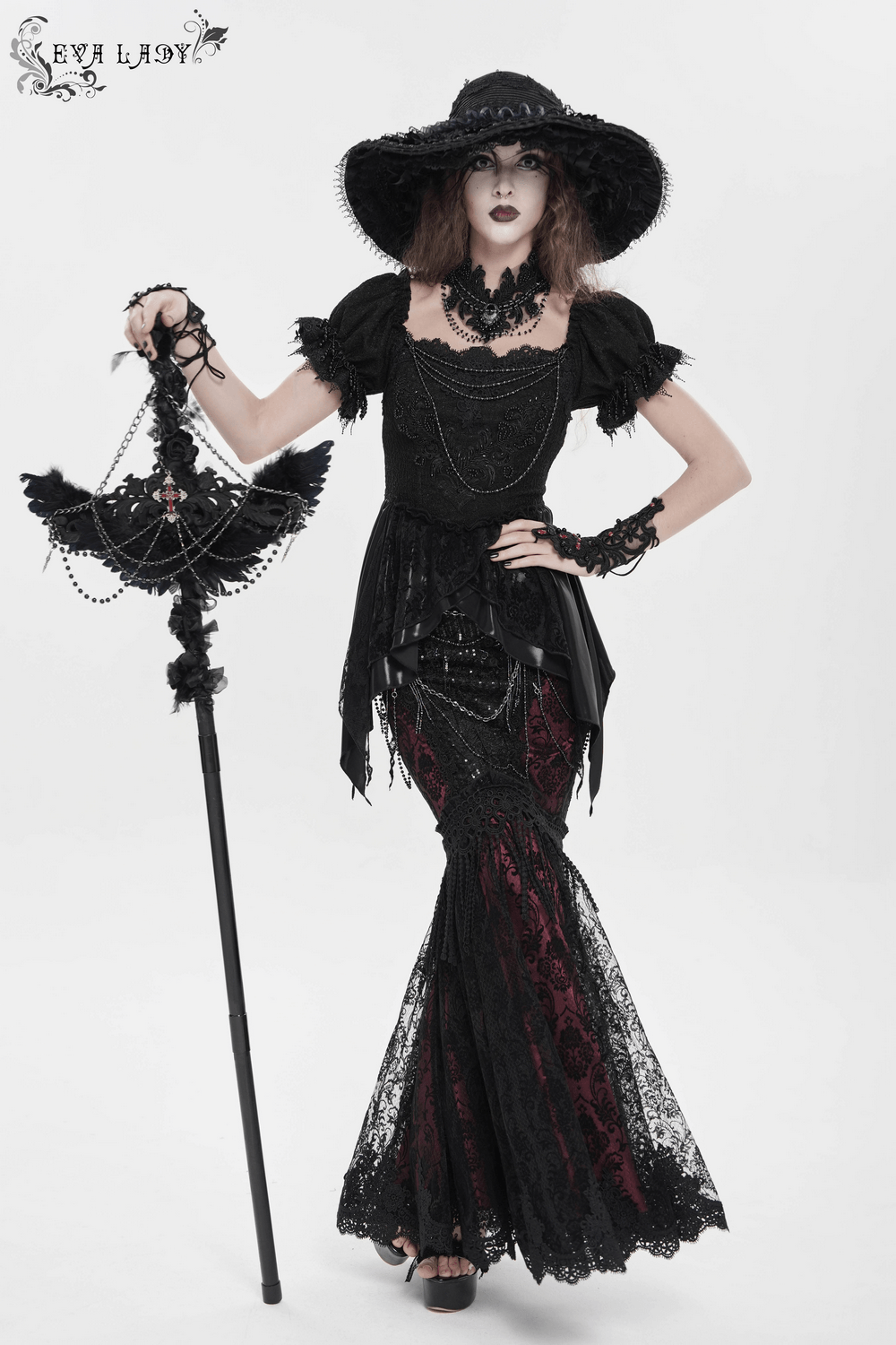 Alt Tag: Victorian Gothic Fishtail Skirt with Chains and Sequins on witchy model in lace mermaid hem with draped chains and sequins