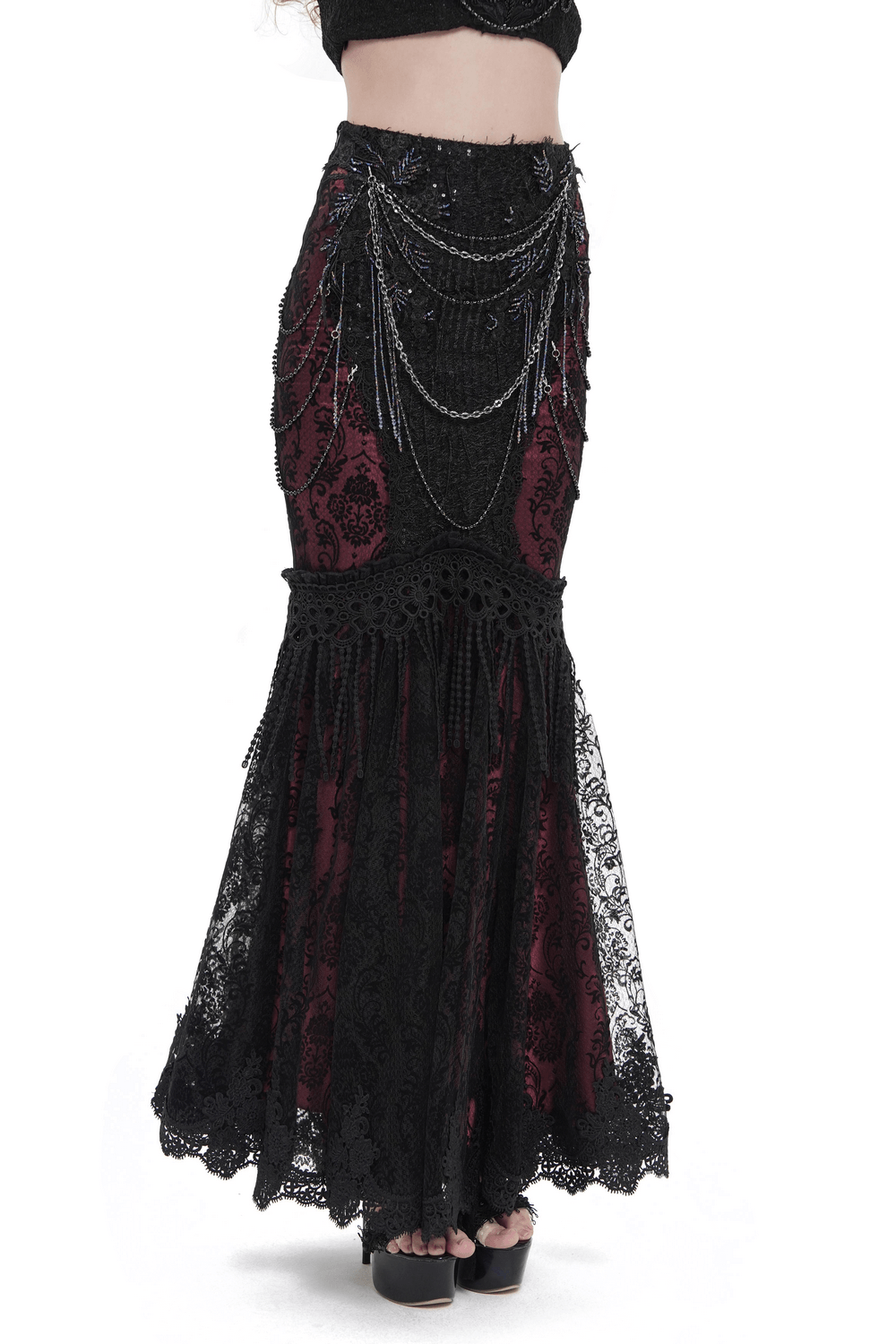 Alt Tag: Victorian Gothic Fishtail Skirt with Chains and Sequins black lace mermaid skirt with draped chains, burgundy panels, scalloped hem