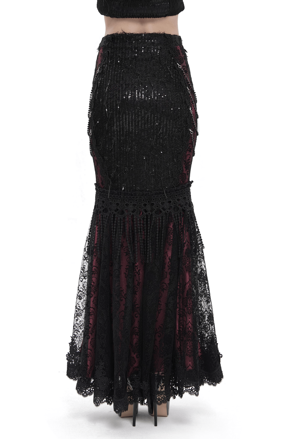 Alt Tag: Victorian Gothic Fishtail Skirt with Chains and Sequins, black sequin mermaid skirt with lace fishtail hem and burgundy panels
