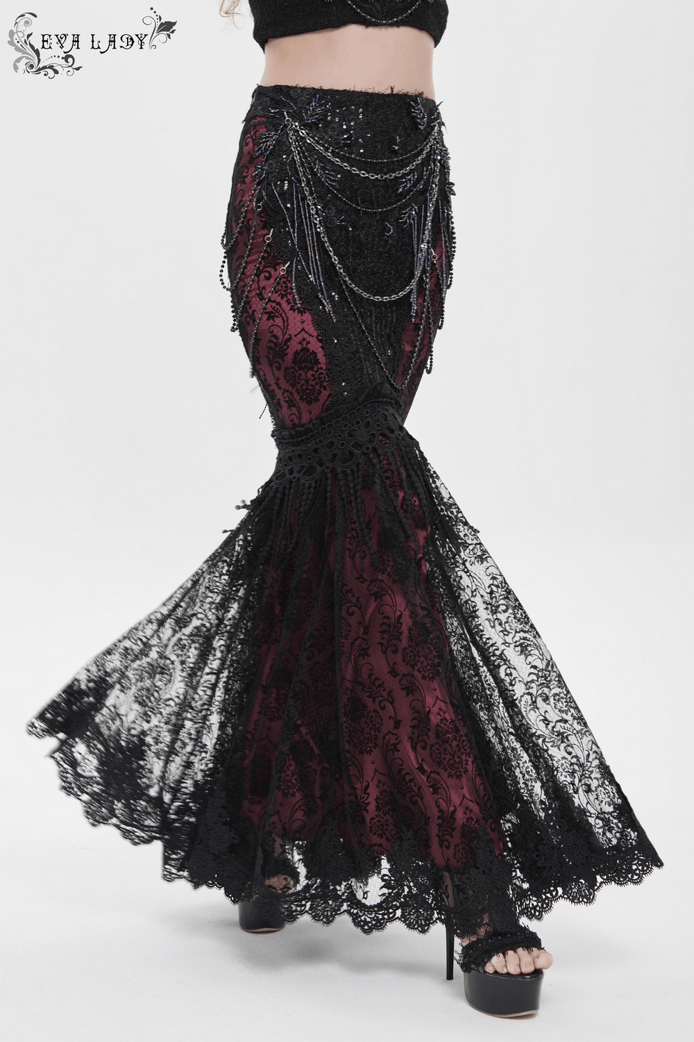 Alt Tag: Victorian Gothic Fishtail Skirt with Chains and Sequins, black sequin mermaid skirt with draped chains, burgundy panels, lace fishtail hem