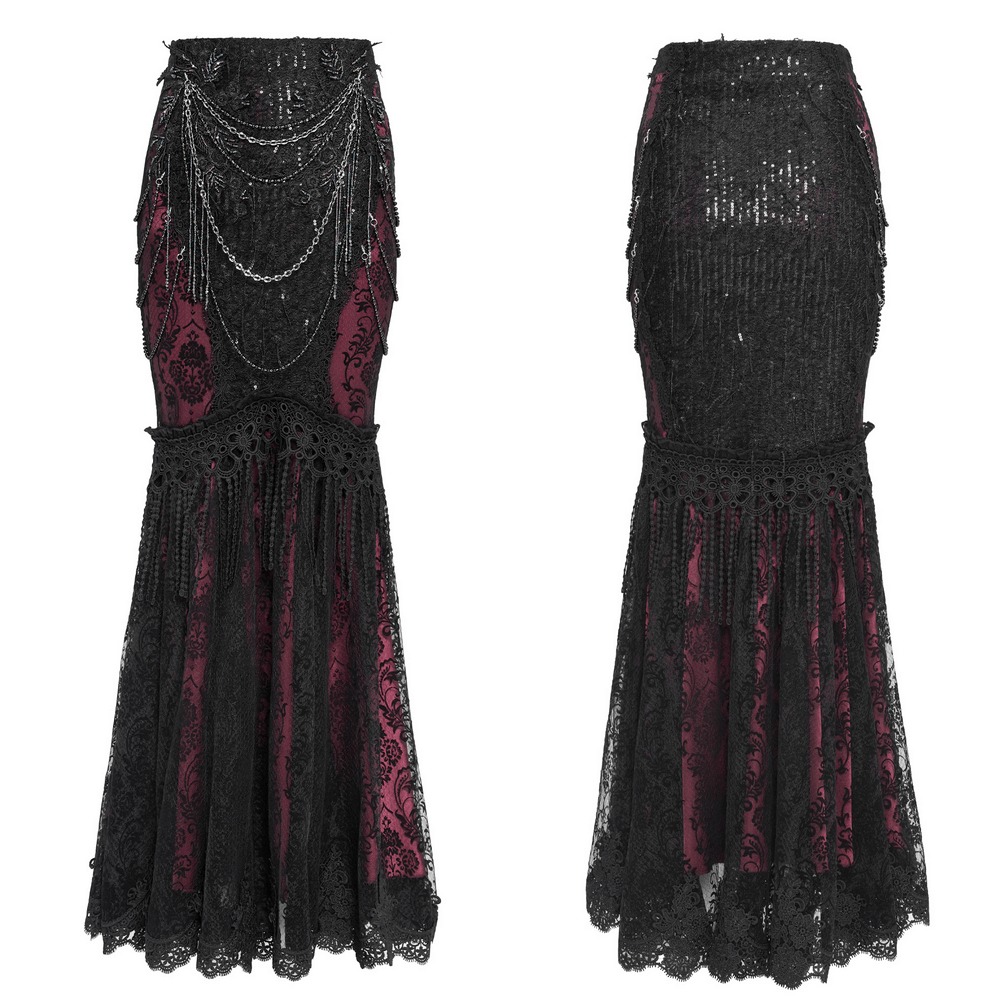Alt Tag: Victorian Gothic Fishtail Skirt with Chains and Sequins, black sequin lace mermaid skirt with draped chains and burgundy panels
