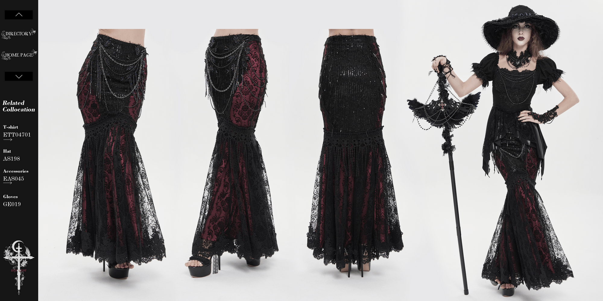 Alt Tag: Victorian Gothic Fishtail Skirt with Chains and Sequins in black lace with burgundy panels, draped chains, sequins, and fishtail hem