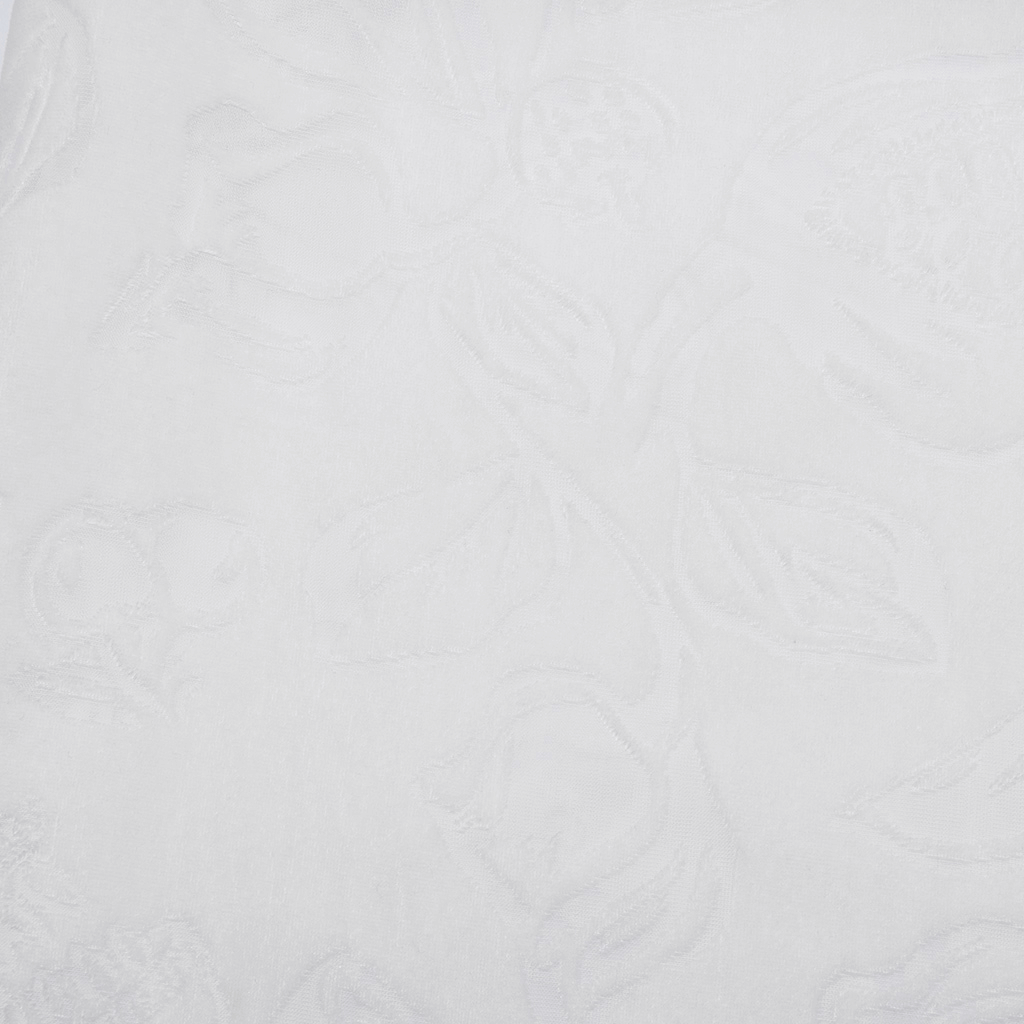 Textured white fabric featuring an elegant floral pattern, perfect for cozy or sophisticated clothing.