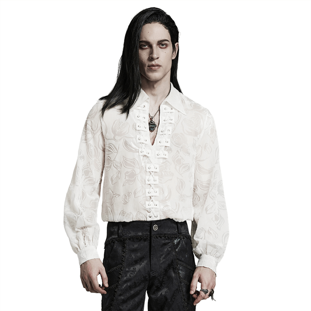 Gothic velvet piranha shirt showcasing elegant design with lantern sleeves and plush fabric.