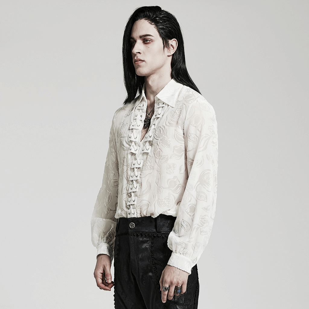 Victorian Gothic flocked velvet piranha shirt showcasing elegant design and luxurious drape, perfect for dark fashion enthusiasts.