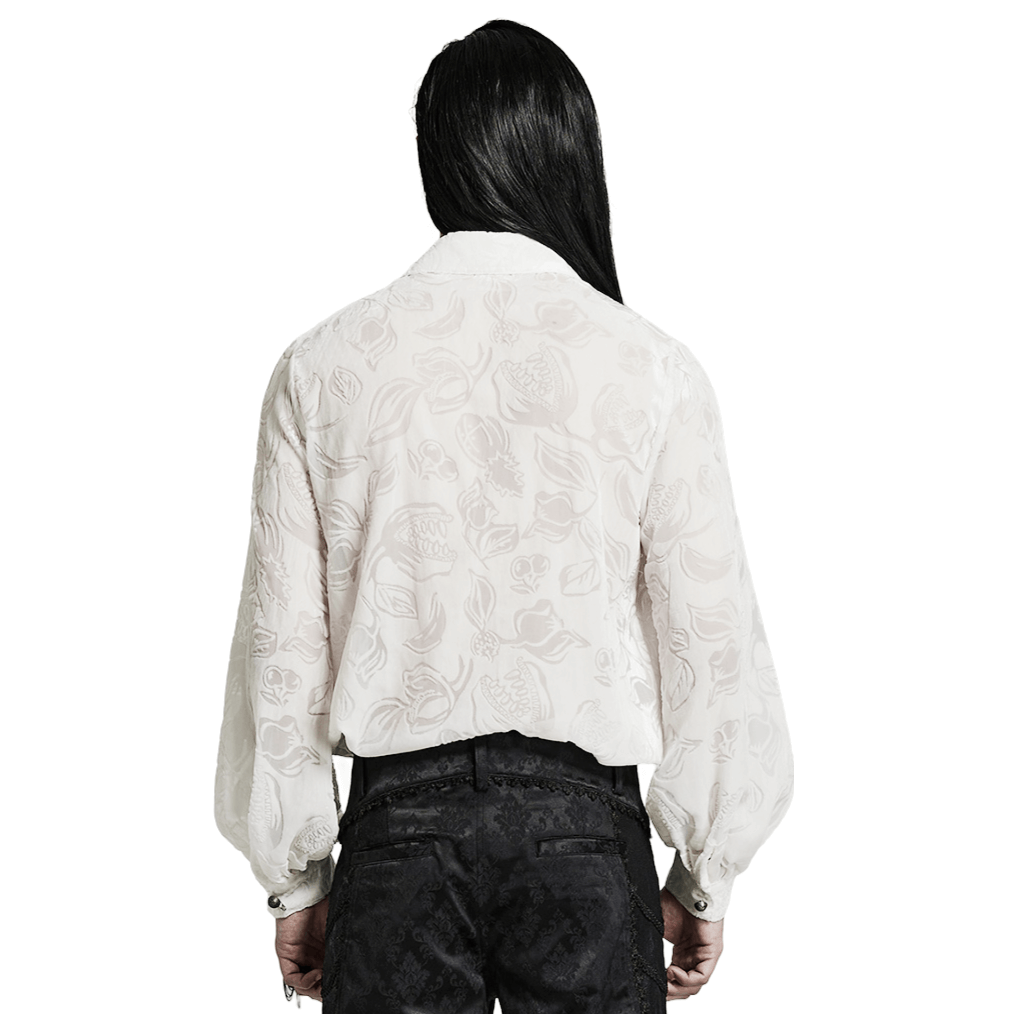 Back view of a Victorian Gothic piranha pattern velvet shirt, showcasing elegant lantern sleeves and intricate design.