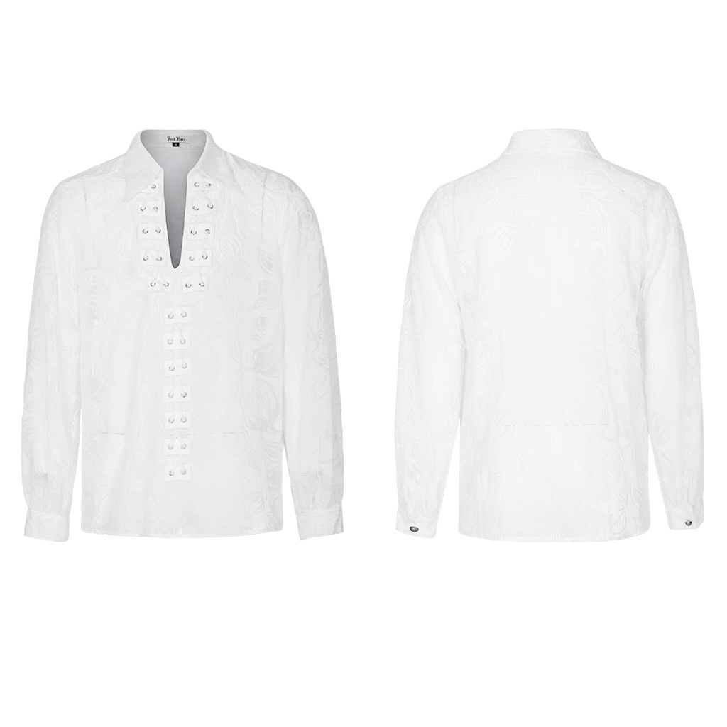 Elegant white shirt featuring decorative buttons and a classic collar, showcasing front and back views.