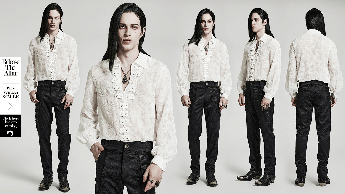 Victorian white shirt with ruffled front and black pants, showcasing Gothic elegance and stylish flair.