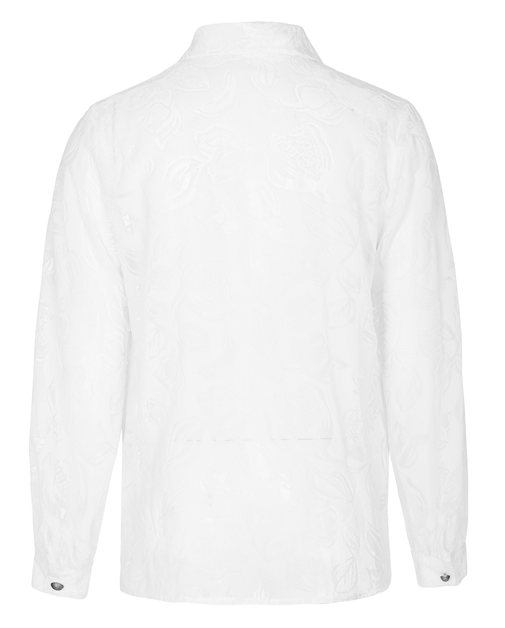 Back view of a white, textured shirt with intricate floral patterns and long sleeves, showcasing elegant design.