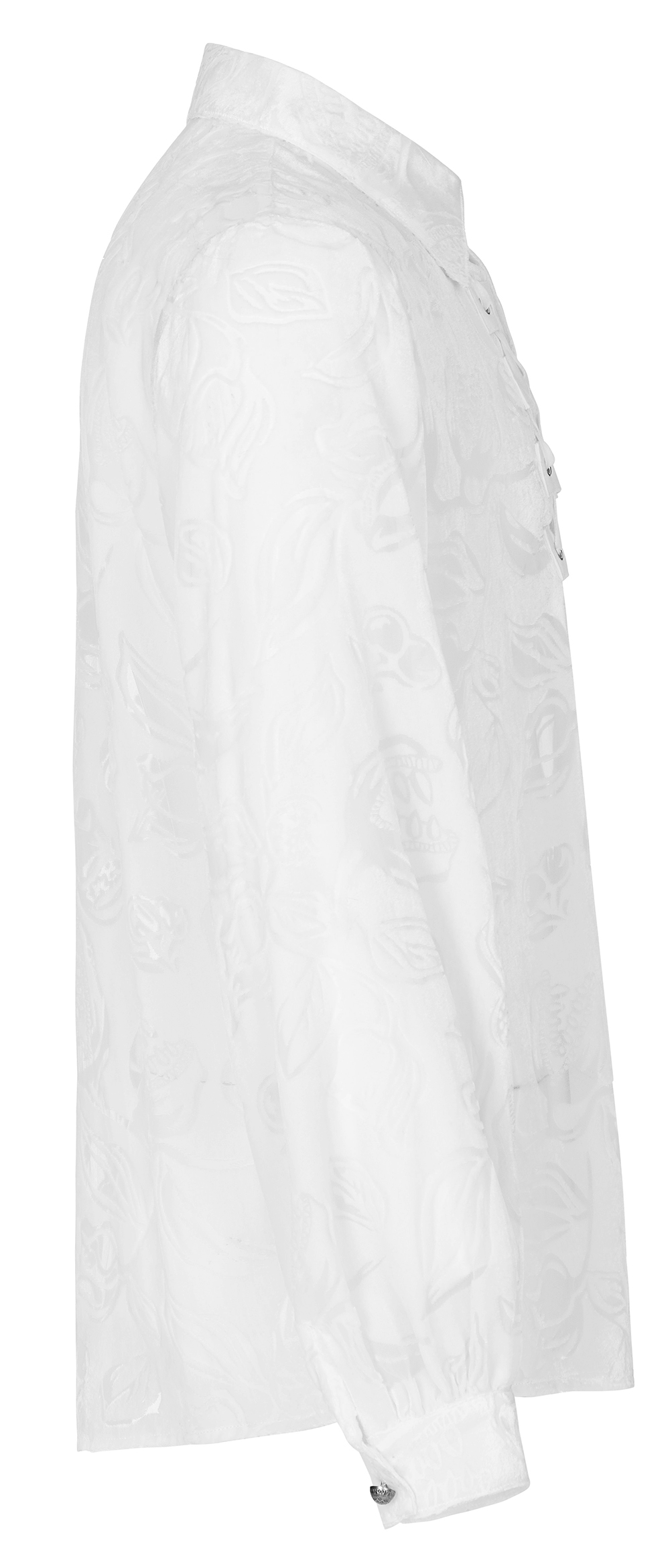 Side view of an elegant white shirt with a textured floral pattern, featuring button closures and long sleeves.