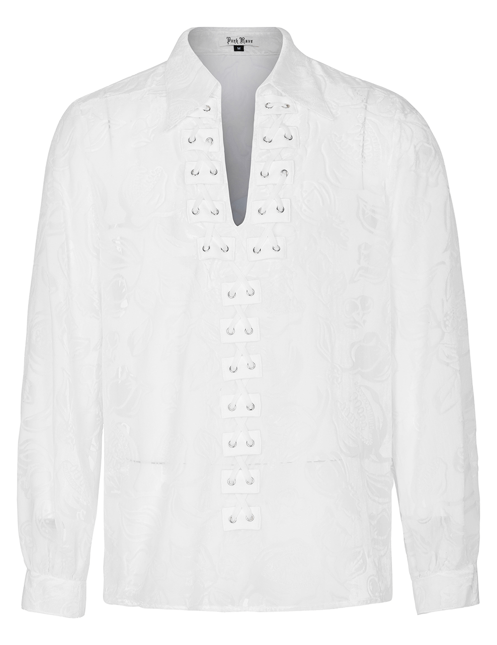 Elegant white shirt with intricate button detailing and a classic collar, perfect for a gothic or timeless style.
