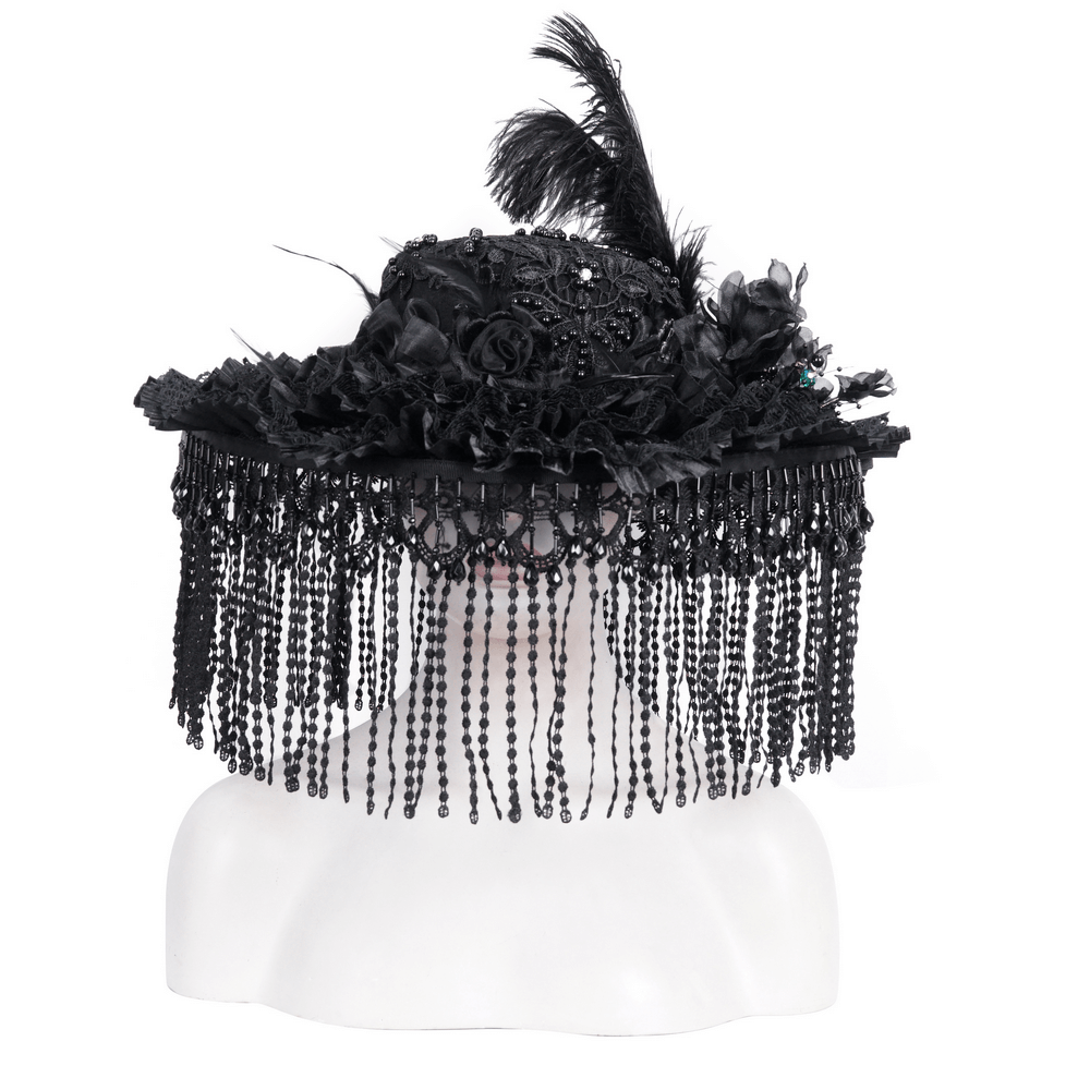 Victorian Gothic hat with feathers and bead details in black lace, featuring an elegant beaded fringe for dramatic flair.