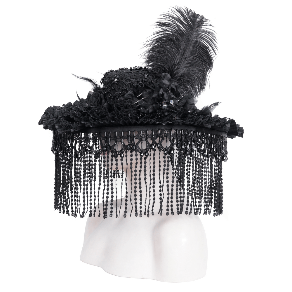 Victorian Gothic black lace hat with feathers and beaded fringe, perfect for themed events and dramatic outfits.