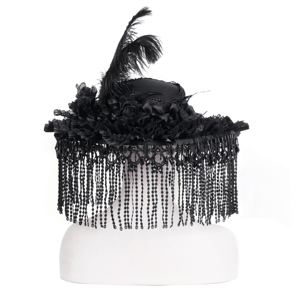 Elegant Victorian Gothic black lace hat with feather and beaded fringe details, perfect for themed events and costume parties.