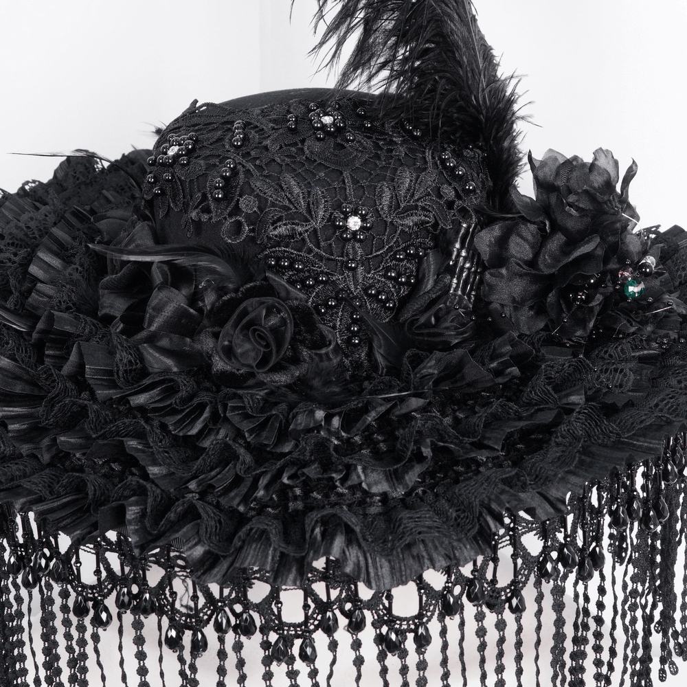 Victorian Gothic hat in black lace with feathers, beads, and elegant fringe for dramatic style. Perfect for themed events.