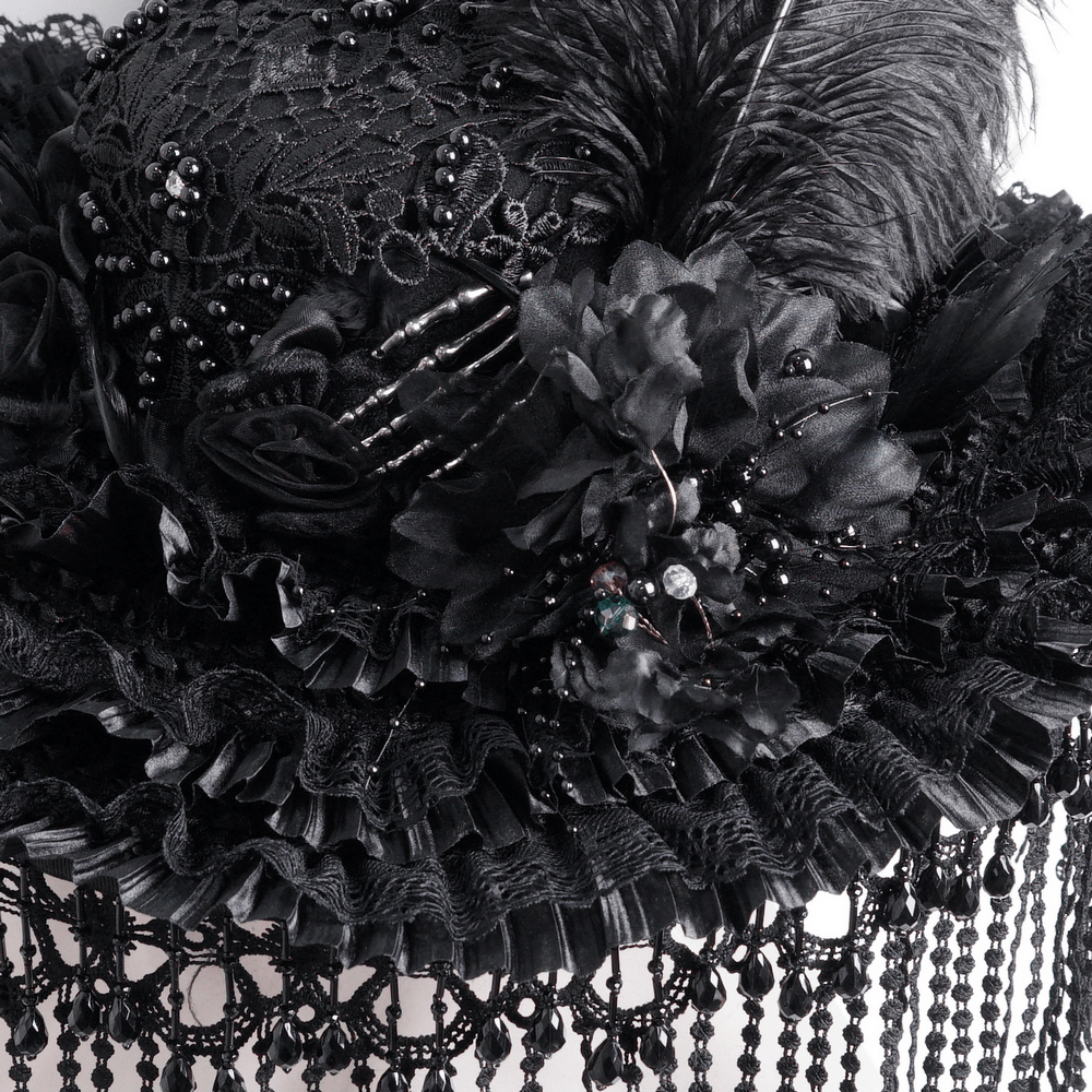 Elegant black lace Victorian Gothic hat with feathers, beads, and floral details, perfect for dramatic outfits and themed events.