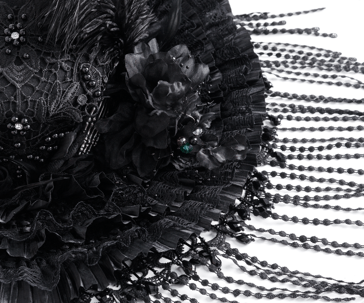 Victorian Gothic black lace hat with feathers, bead details, and elegant beaded fringe, perfect for themed events.