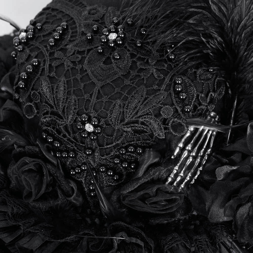 Elegant Victorian Gothic black lace hat featuring delicate bead details and feathers. Perfect for dramatic flair!