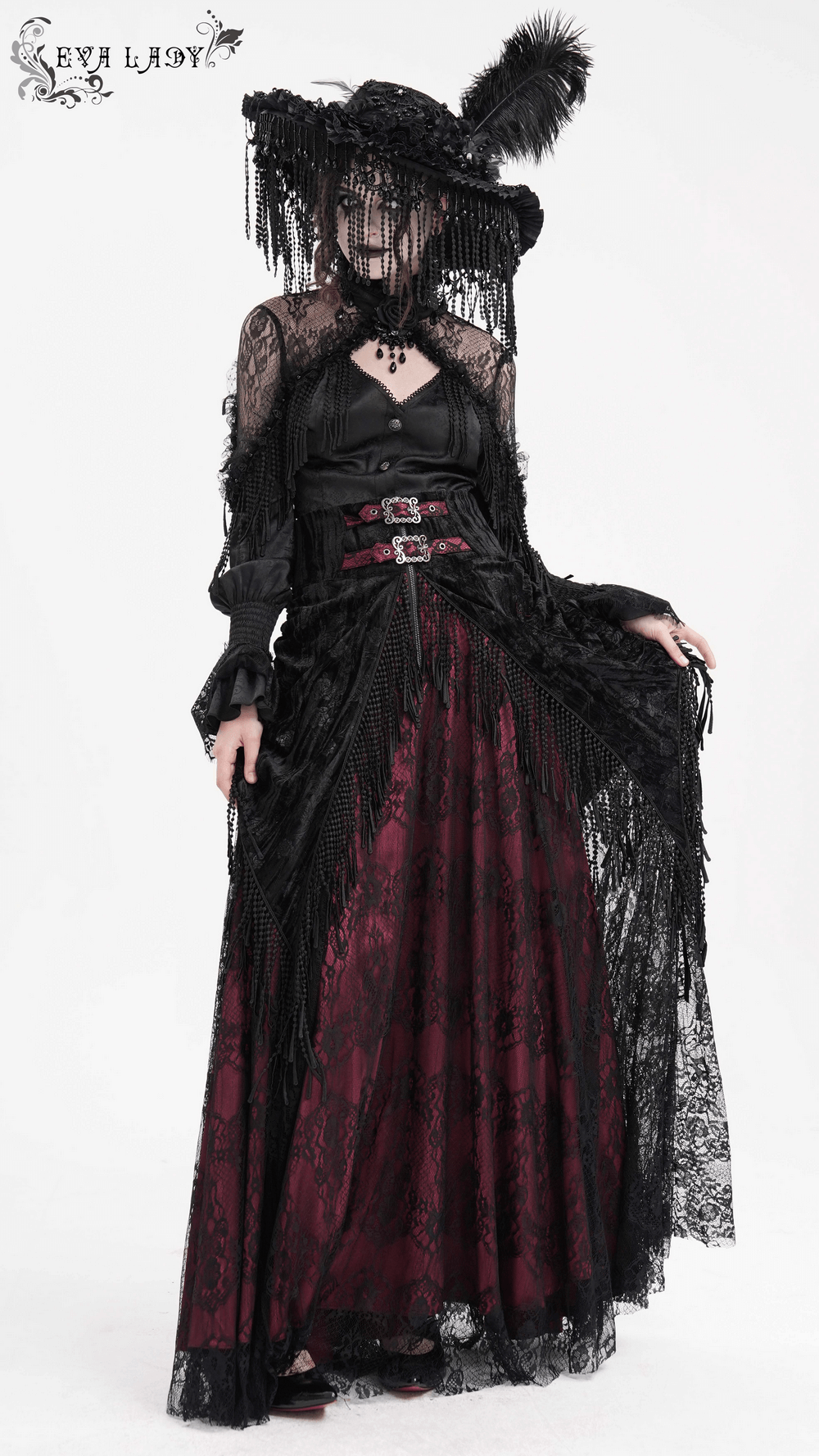 Victorian Gothic hat with feathers and beads, paired with elegant black lace outfit and burgundy skirt, perfect for themed events.