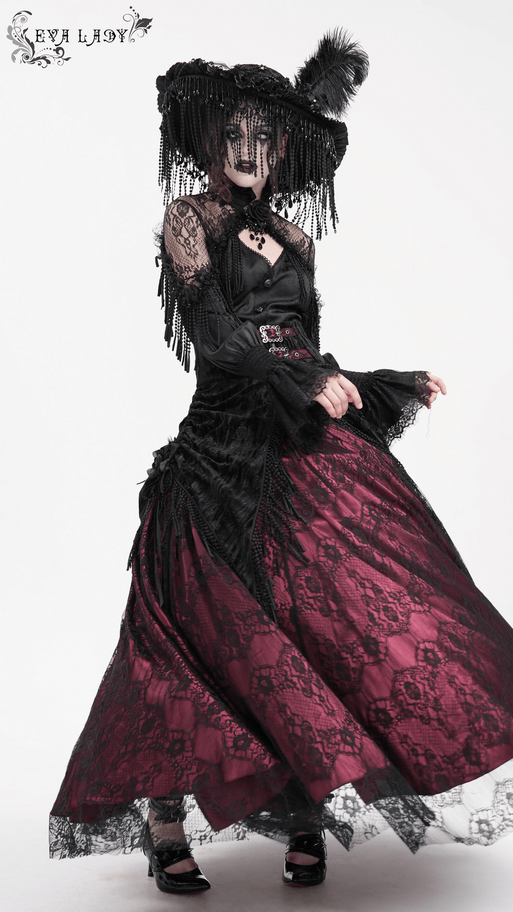 Victorian Gothic hat with feathers and beads, black lace mourning dress, embracing dramatic allure and elegance.