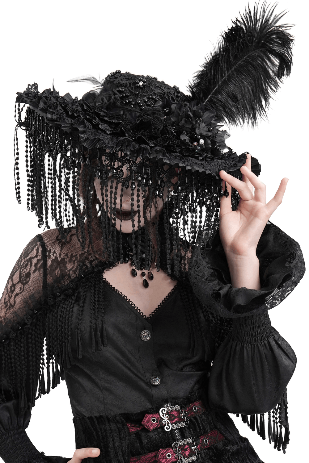 Black lace Victorian Gothic hat with feather, beaded fringe, and dramatic detail, perfect for themed events and costume parties.