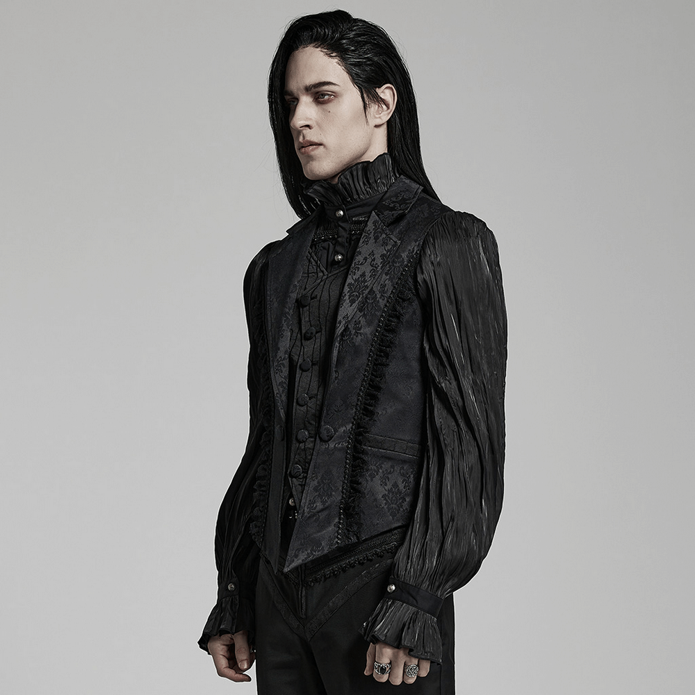 Victorian Gothic jacquard lace-up vest waistcoat with intricate lace, worn by model in dramatic black attire.