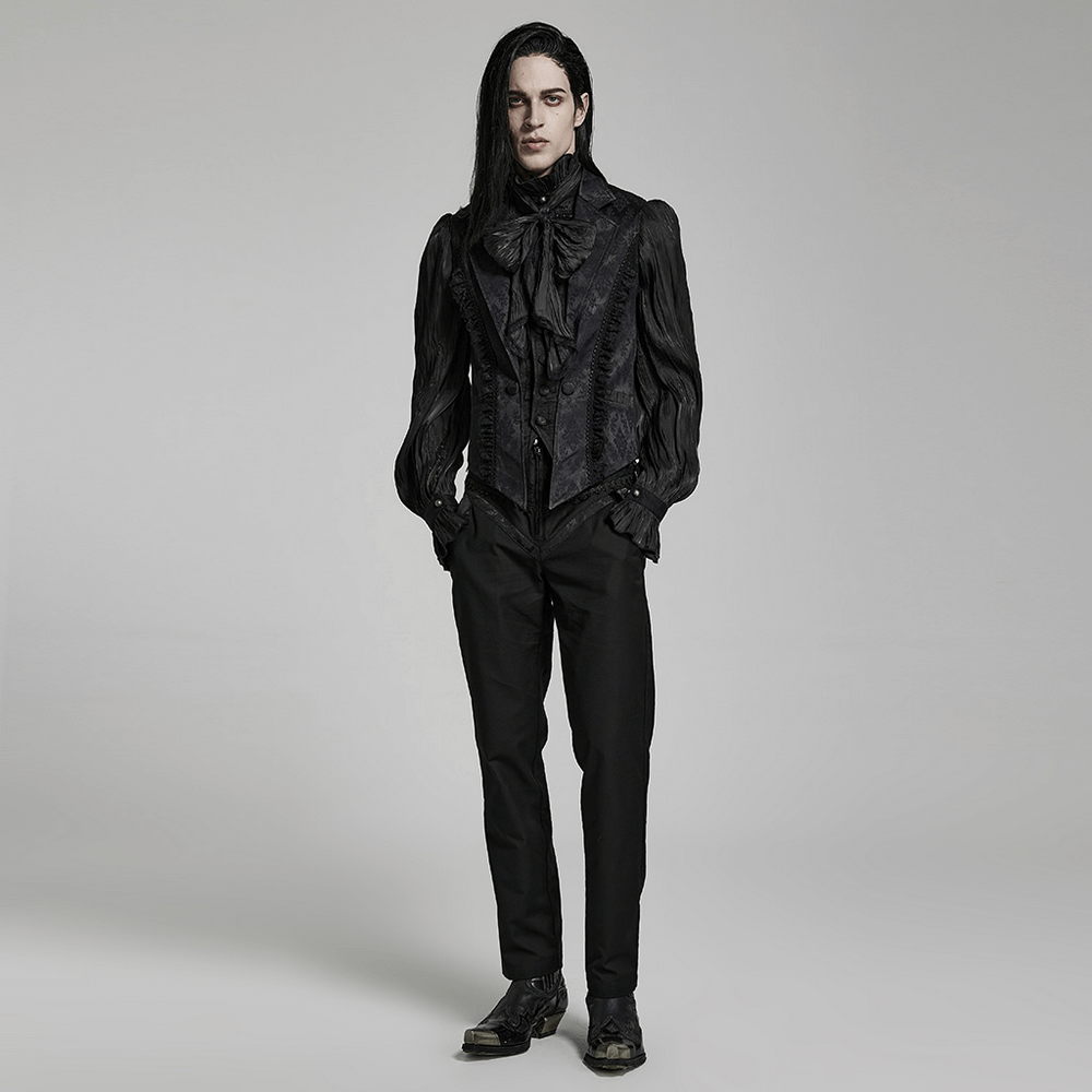 Victorian Gothic jacquard lace-up waistcoat showcasing intricate lace and pointed lapel in elegant black design.