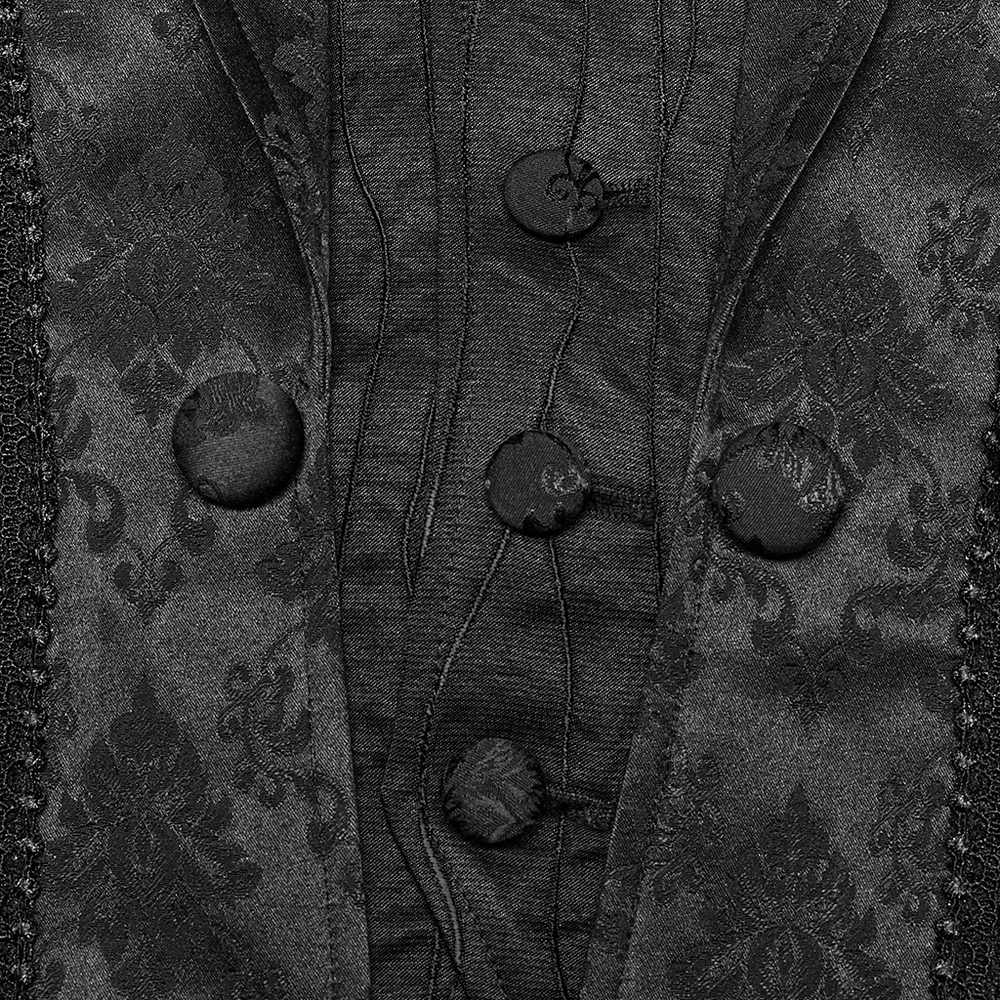 Close-up of a Victorian Gothic jacquard lace-up vest waistcoat with detailed black lace and buttons.