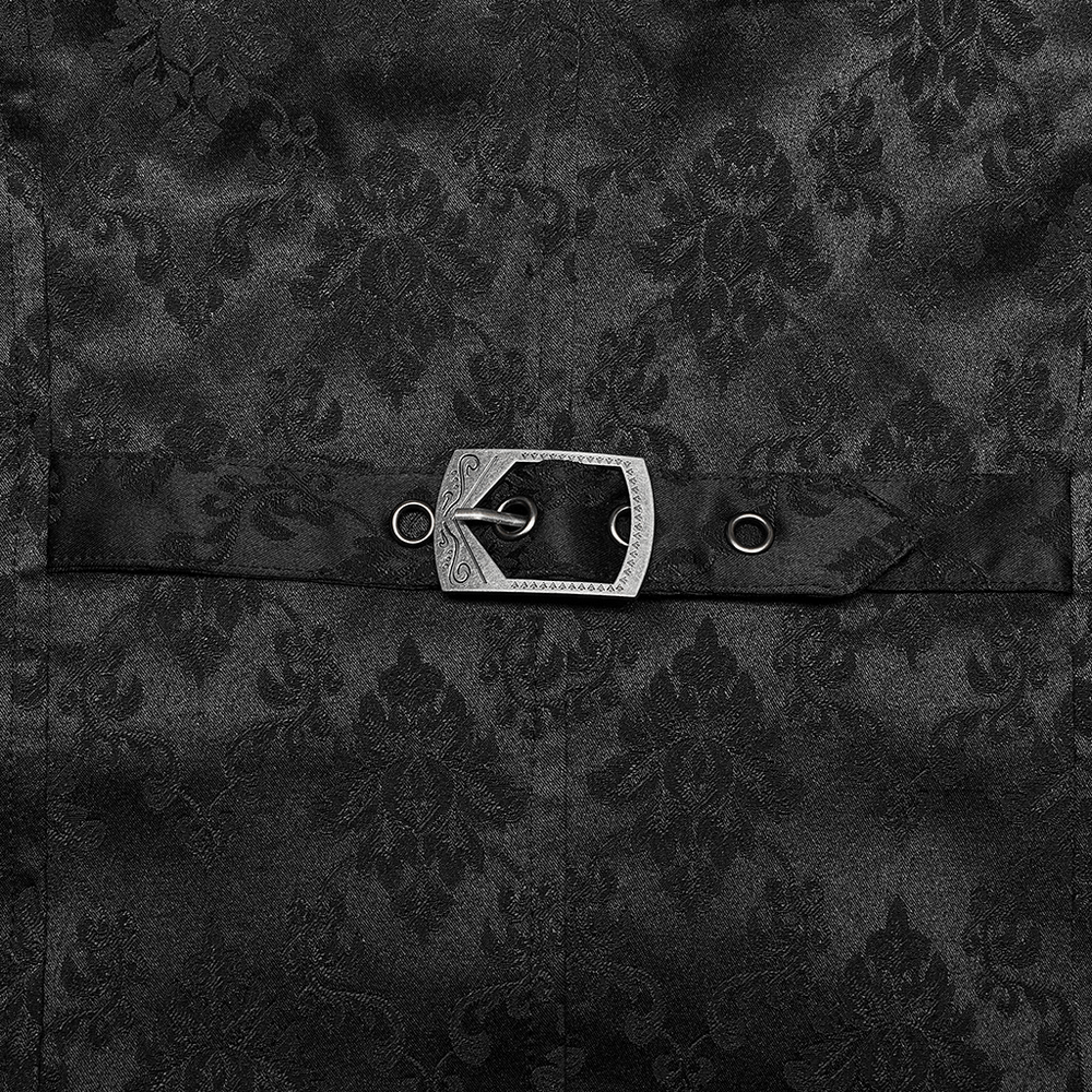 Close-up of Victorian Gothic jacquard lace-up waistcoat showing intricate fabric pattern and ornate buckle detail.