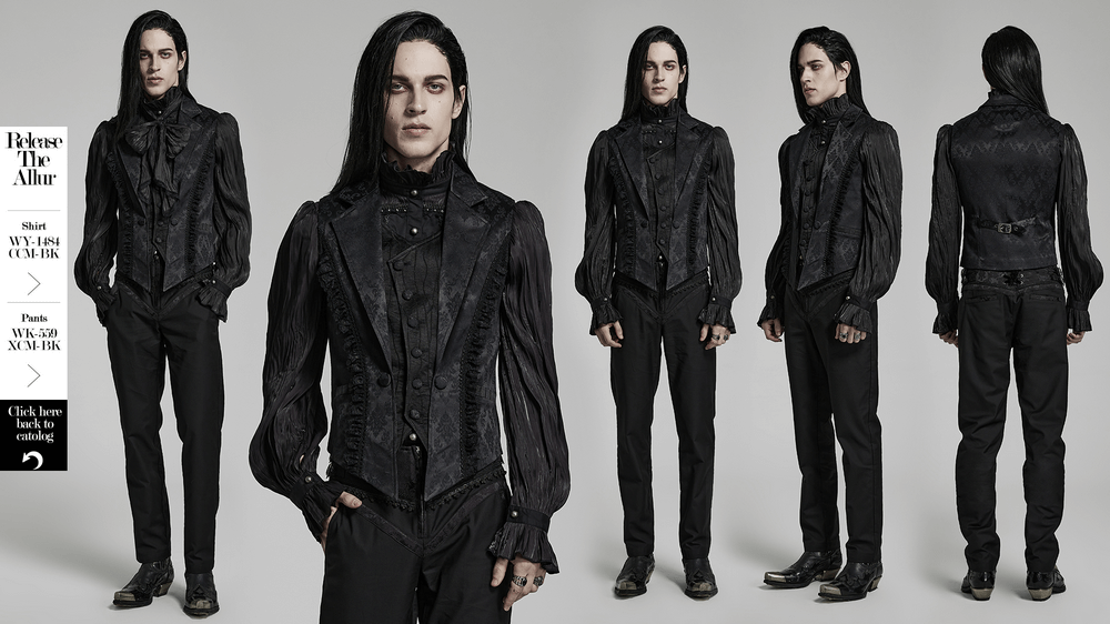 Victorian Gothic jacquard lace-up vest waistcoat displayed from multiple angles, showcasing elegant lace detail and sharp lapel.