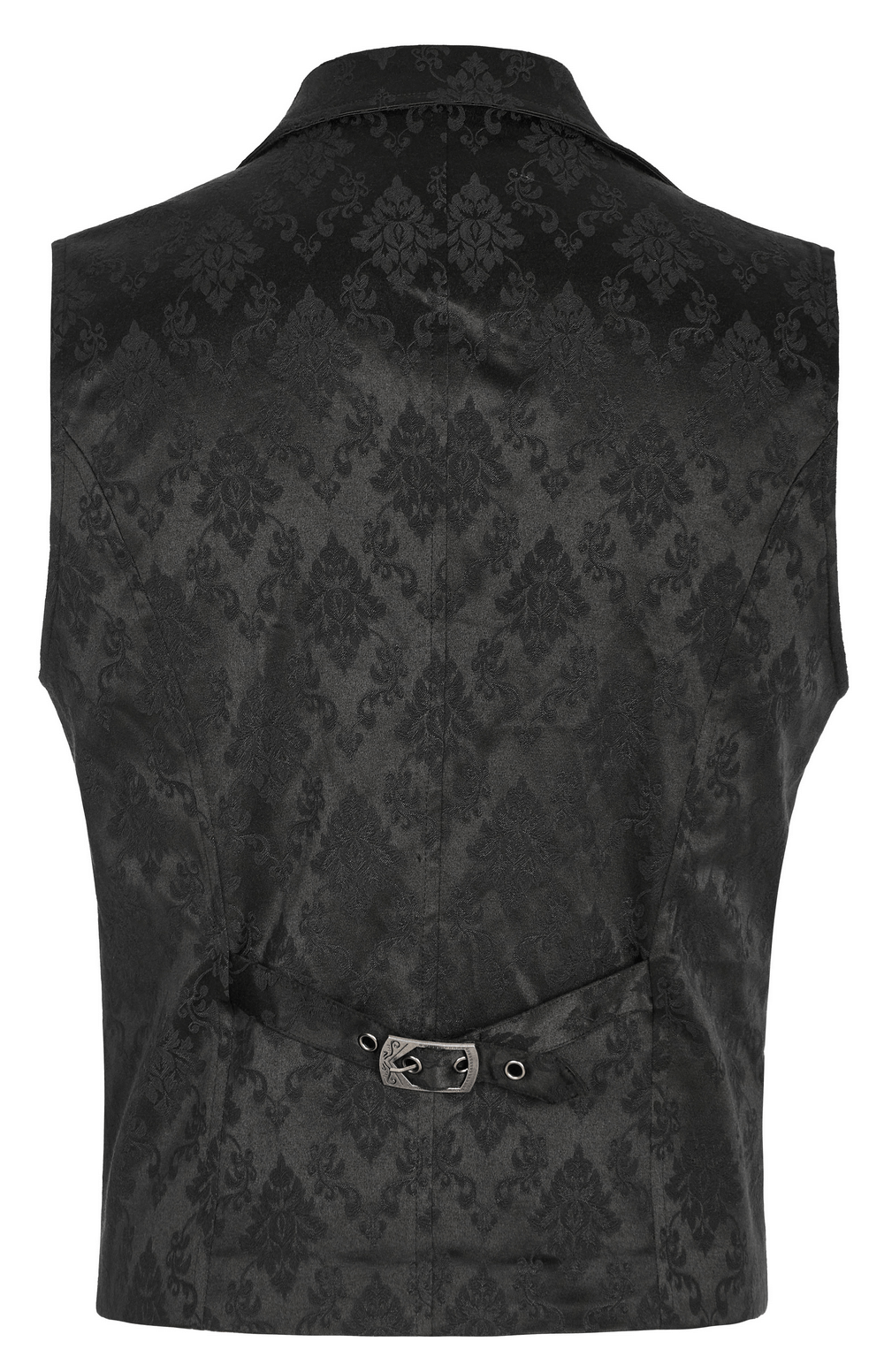 Back view of a Victorian Gothic jacquard lace-up waistcoat showcasing intricate lace detail and elegant silhouette.