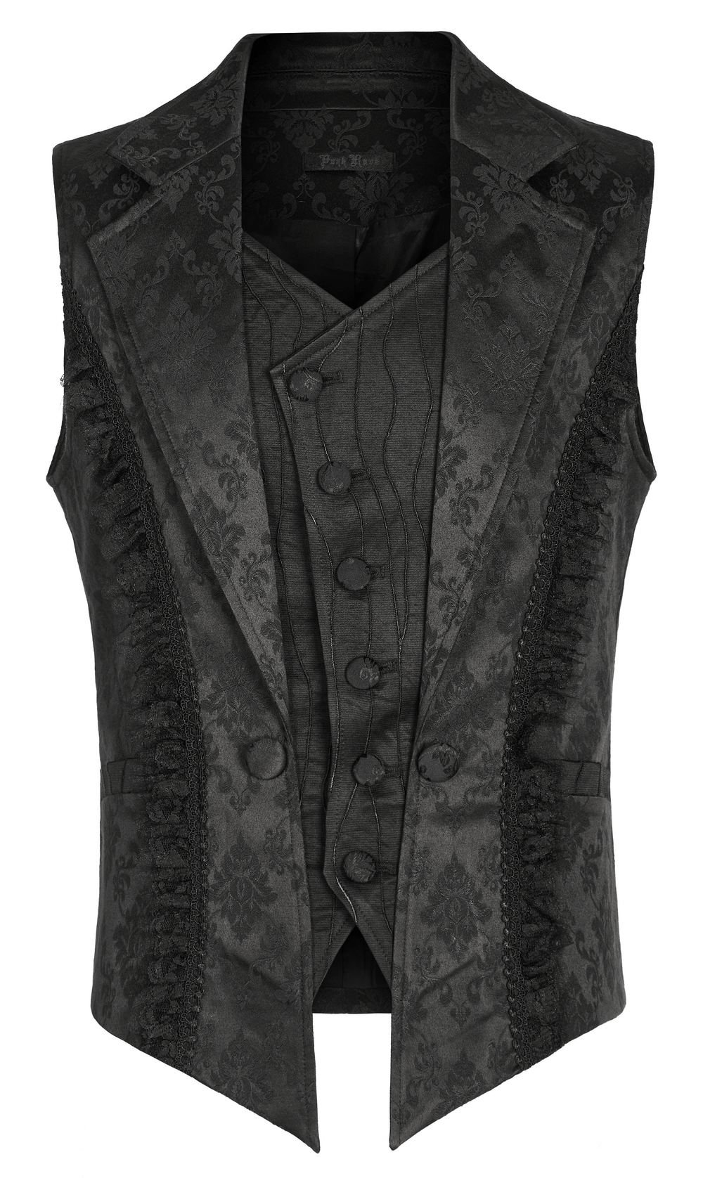 Victorian Gothic Jacquard Lace-Up Waistcoat with elegant lace detail and sharp lapel, perfect for gothic fashion lovers.